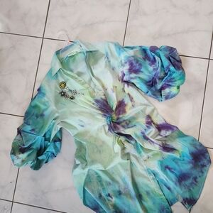 New York & Company Tie-Dye Puff Sleeve Blouse